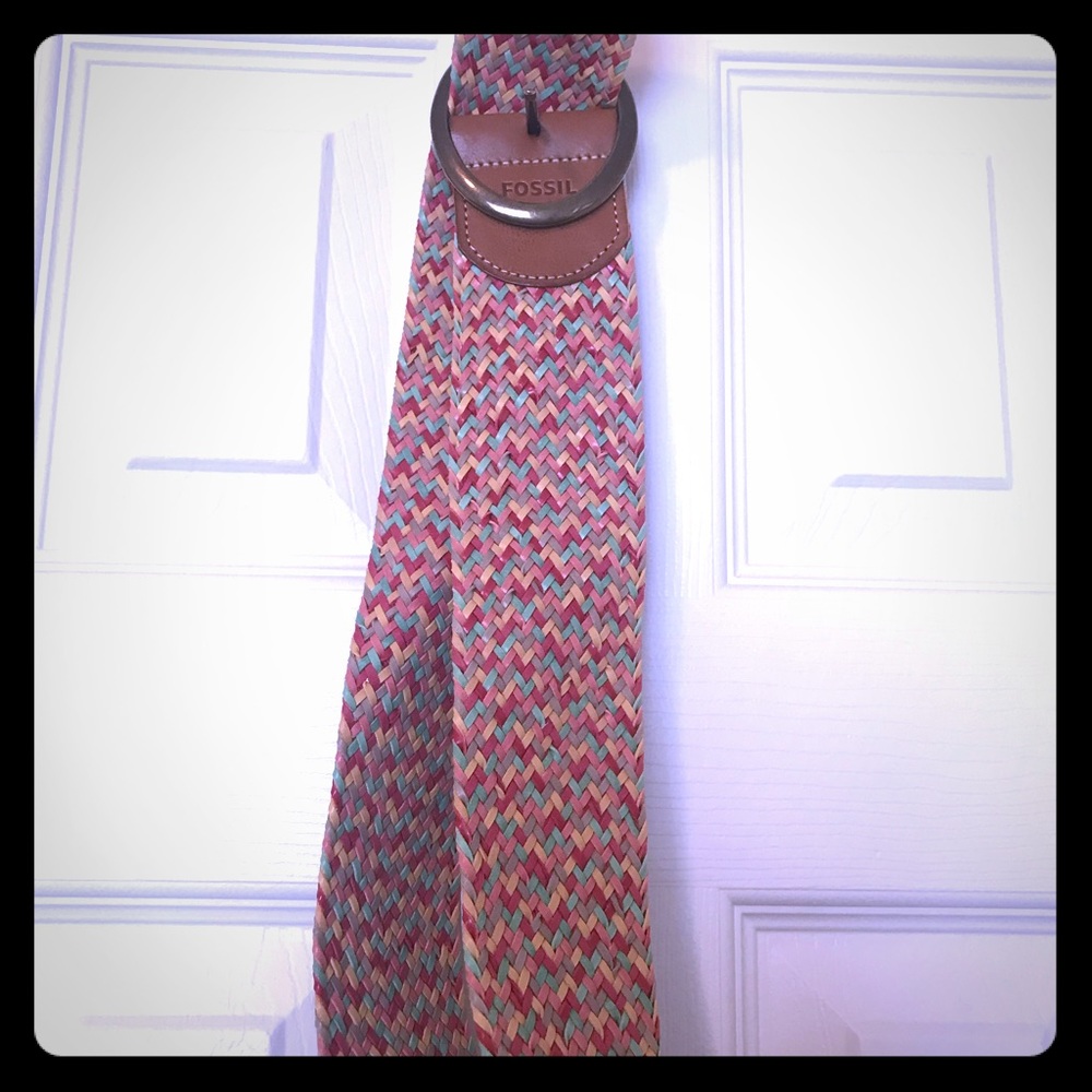 Fossil Multicolor Woven Stretch Belt with Brown Leather Trim